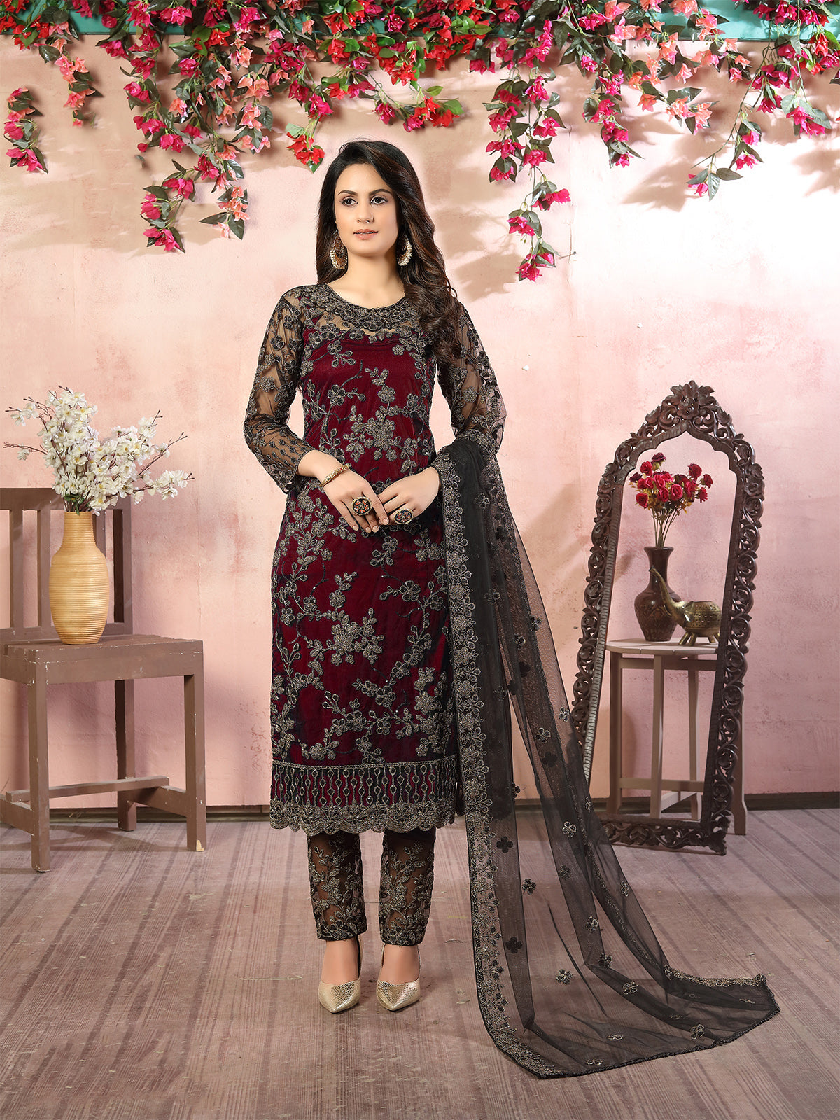 Odette Red Net Embroidered Semi stitched Kurta Set with Inner For Women