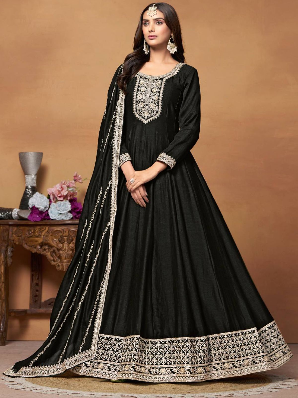 Odette Black Embroidered Art Silk Unstitched Gown For Women