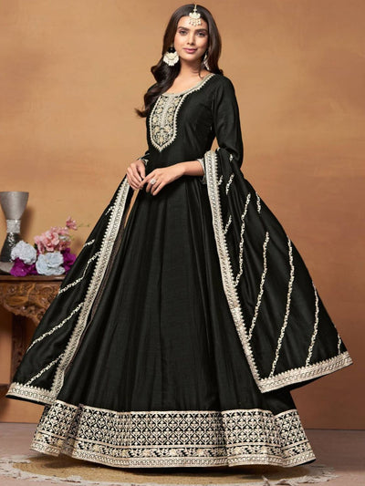 Odette Black Embroidered Art Silk Unstitched Gown For Women