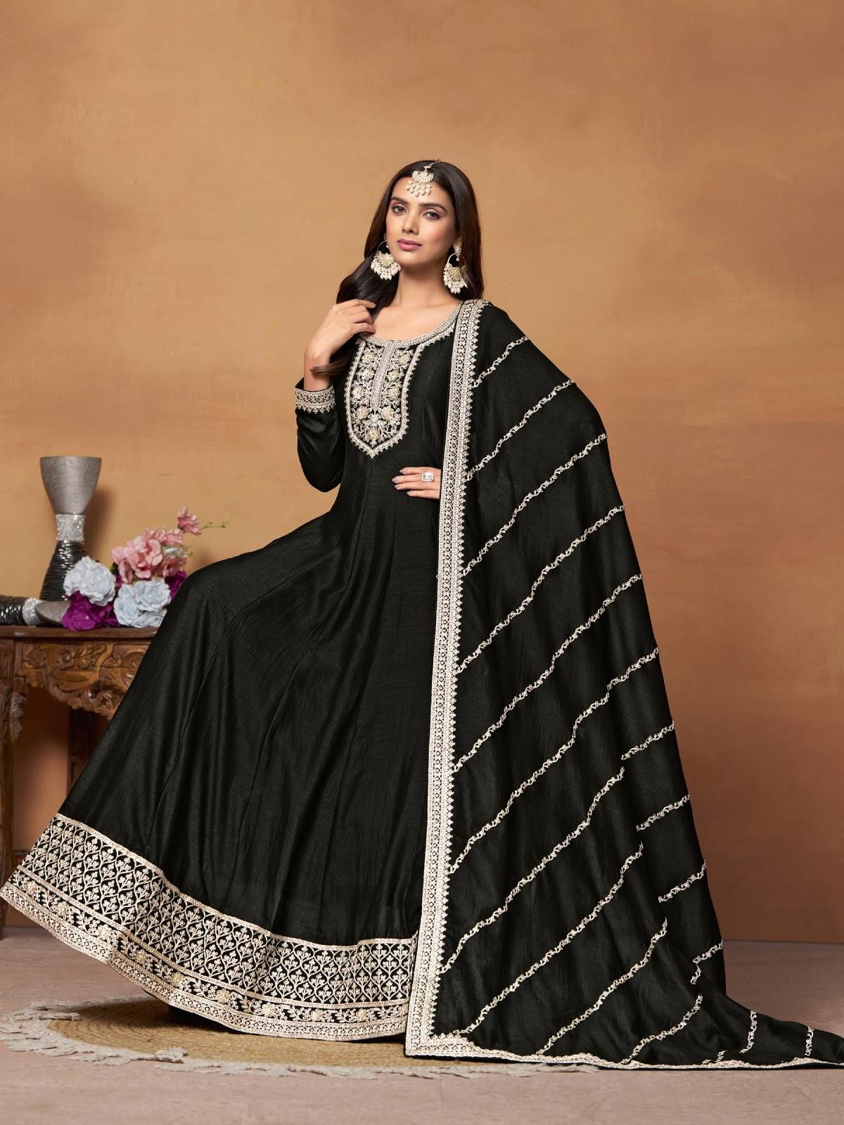 Odette Black Embroidered Art Silk Unstitched Gown For Women