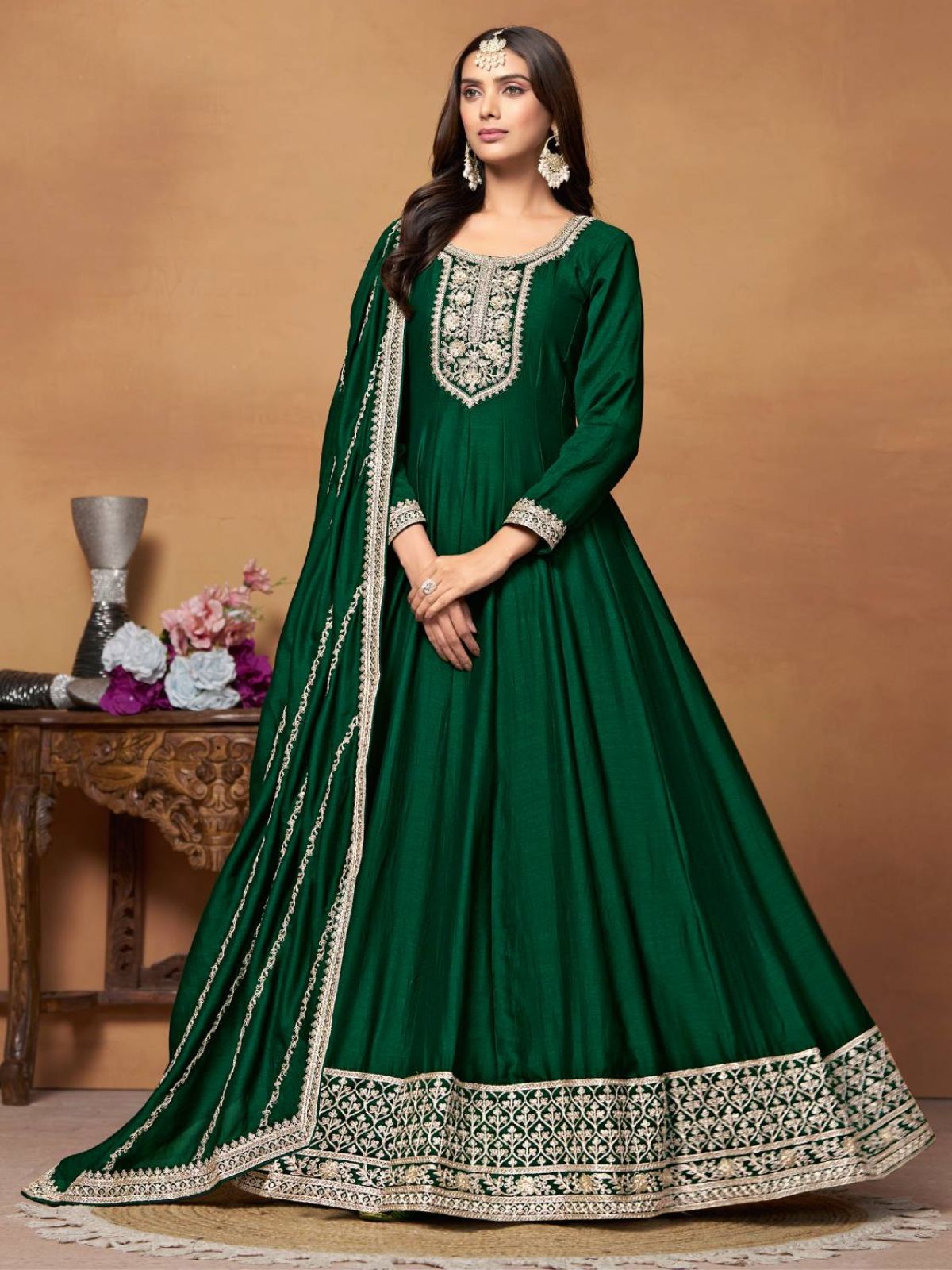 Odette Green Embroidered Art Silk Unstitched Gown For Women