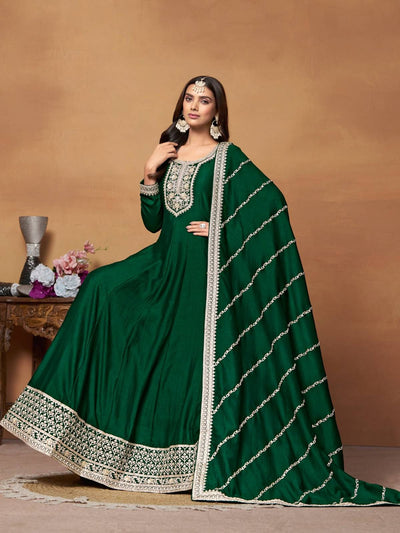 Odette Green Embroidered Art Silk Unstitched Gown For Women