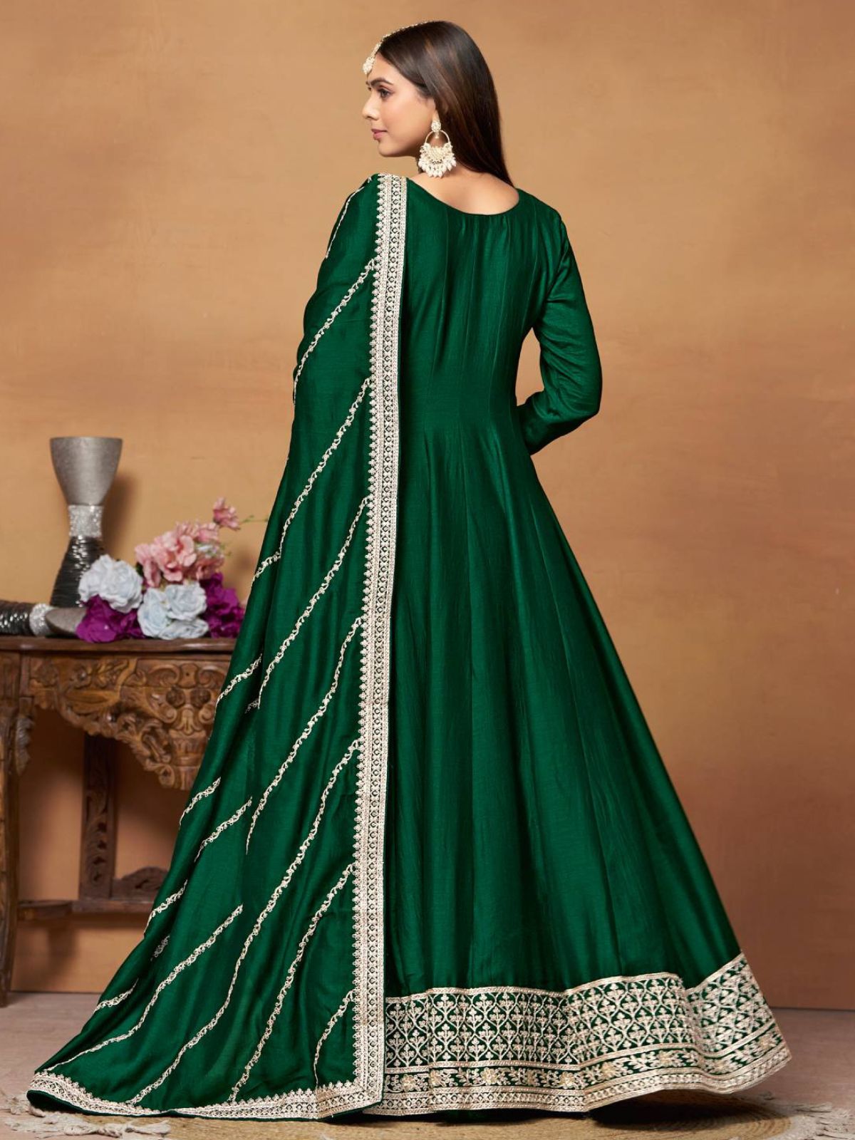 Odette Green Embroidered Art Silk Unstitched Gown For Women