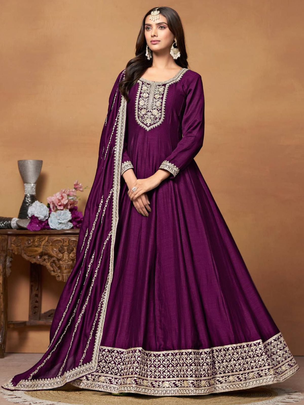 Odette Purple Embroidered Art Silk Unstitched Gown For Women