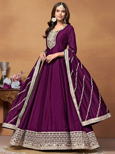 Odette Purple Embroidered Art Silk Unstitched Gown For Women