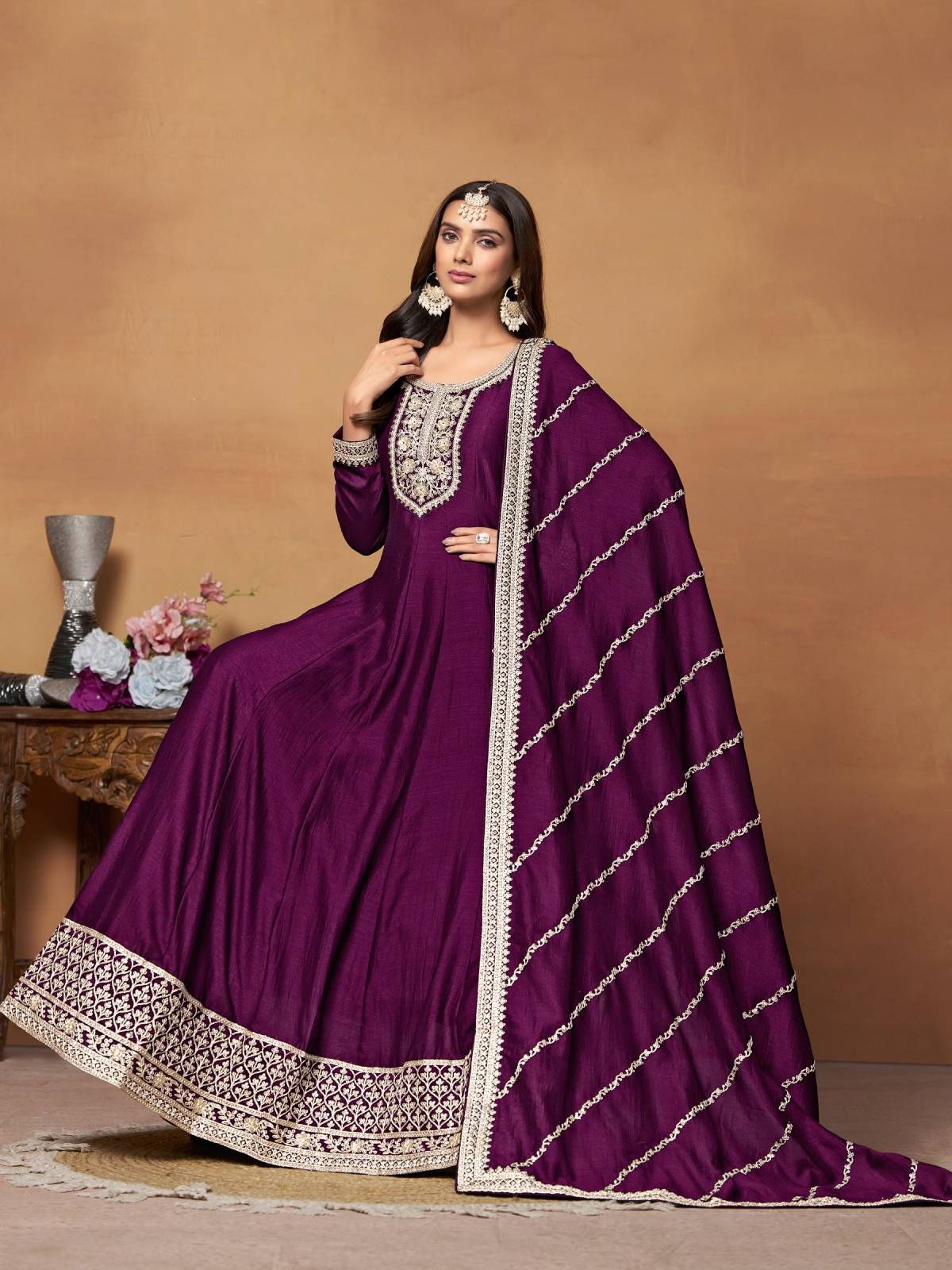 Odette Purple Embroidered Art Silk Unstitched Gown For Women