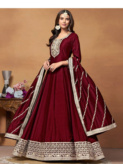 Odette Maroon Embroidered Art Silk Unstitched Gown For Women