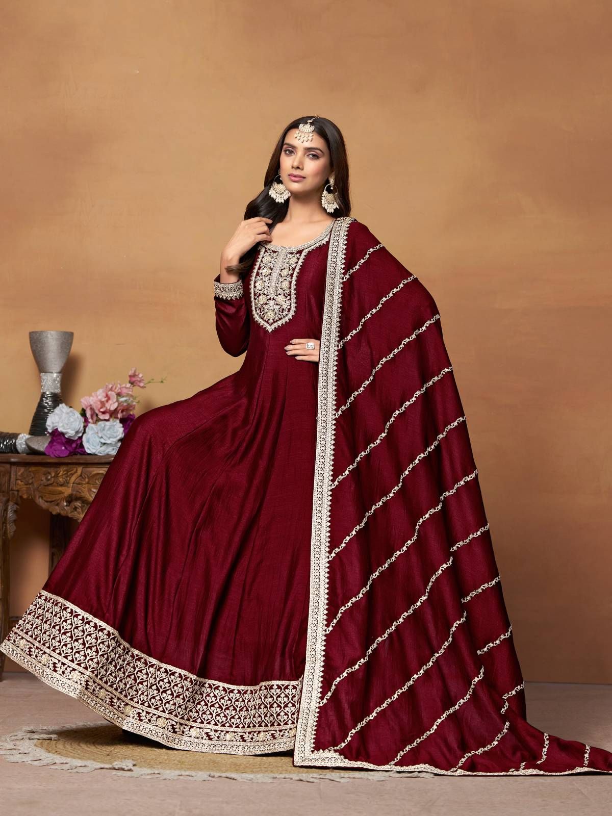 Odette Maroon Embroidered Art Silk Unstitched Gown For Women