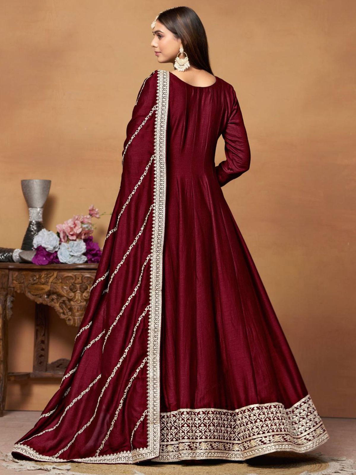 Odette Maroon Embroidered Art Silk Unstitched Gown For Women