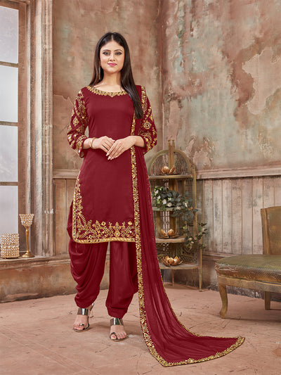 Odette Maroon Art silk Embroidered Semi stitched Kurta Set For Women