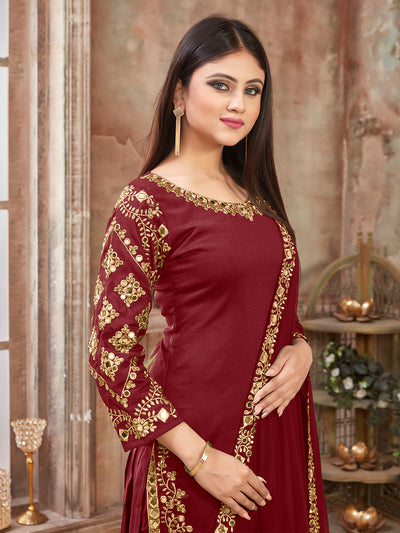 Odette Maroon Art silk Embroidered Semi stitched Kurta Set For Women