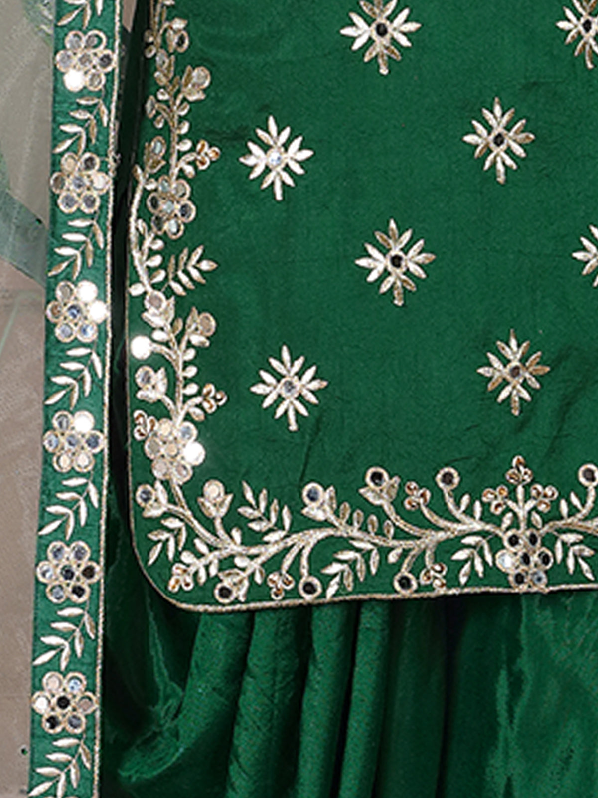 Odette Green Art Silk Embroidered Semi stitched Kurta Set For Women