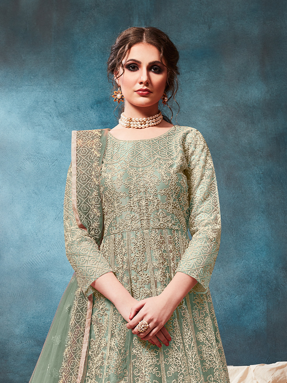 Odette Light Green Net Embroidered Semi stitched Kurta Set with Inner For Women