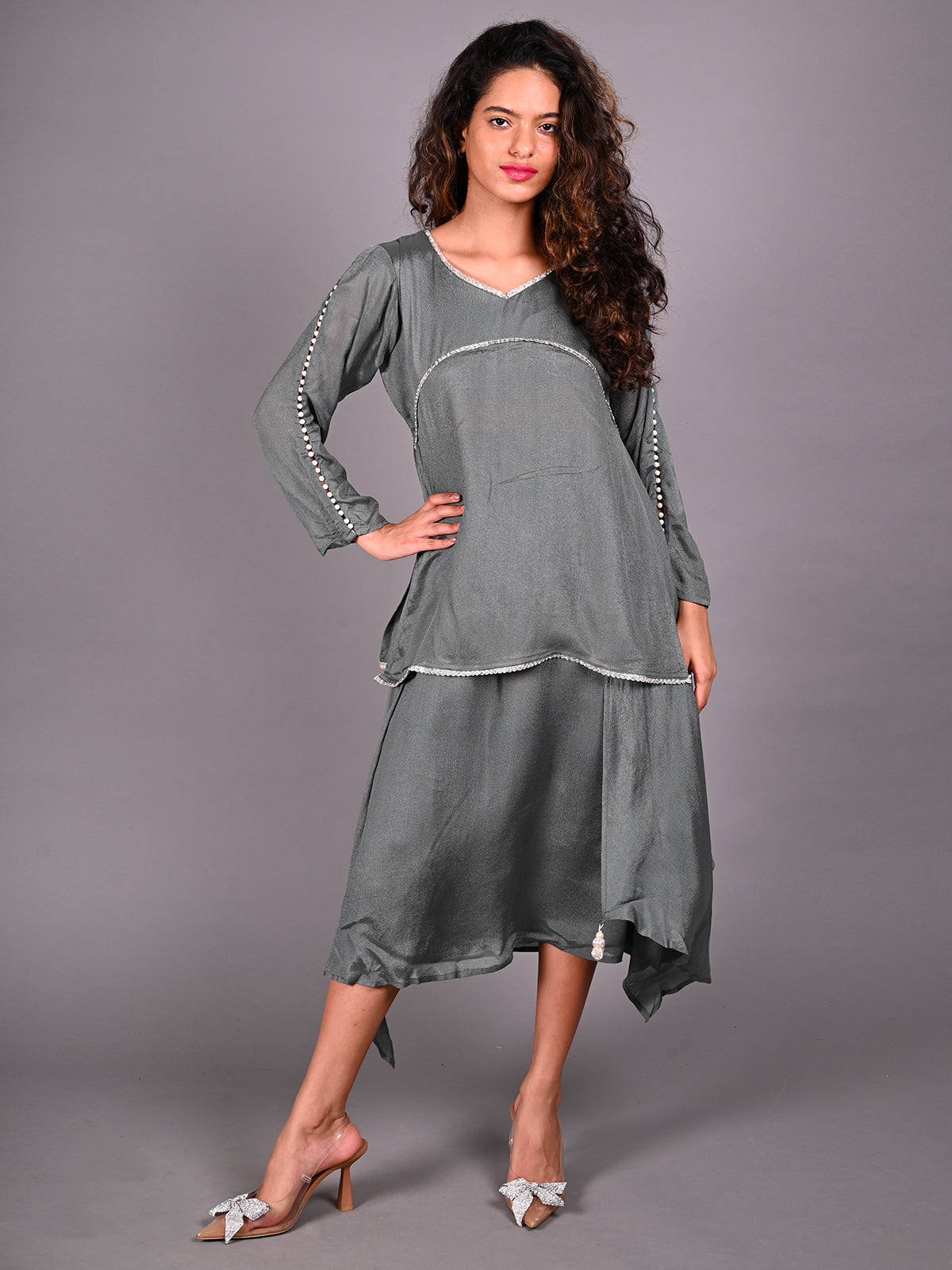 Odette Dark Grey Pearl and Stone Embroidered Crepe Dress for Women