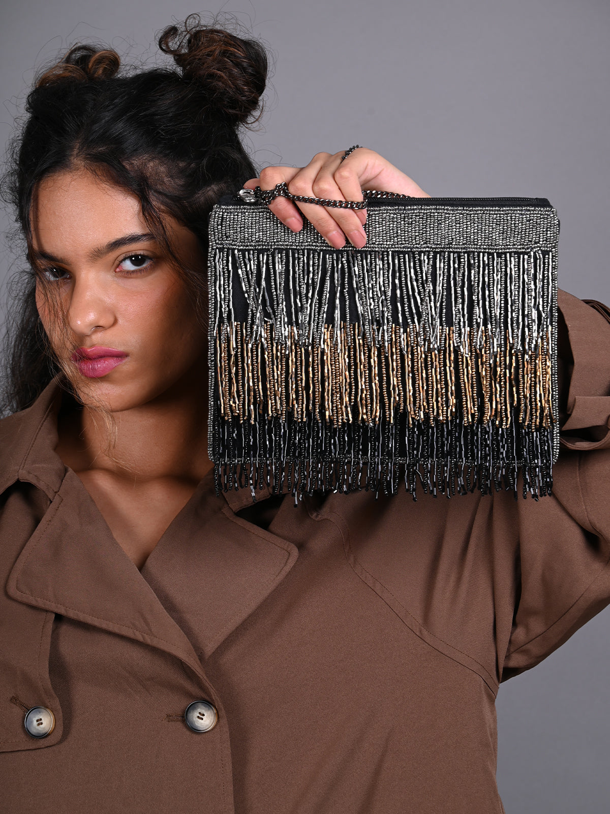 Odette Black Embellished Clutch Bag For Women