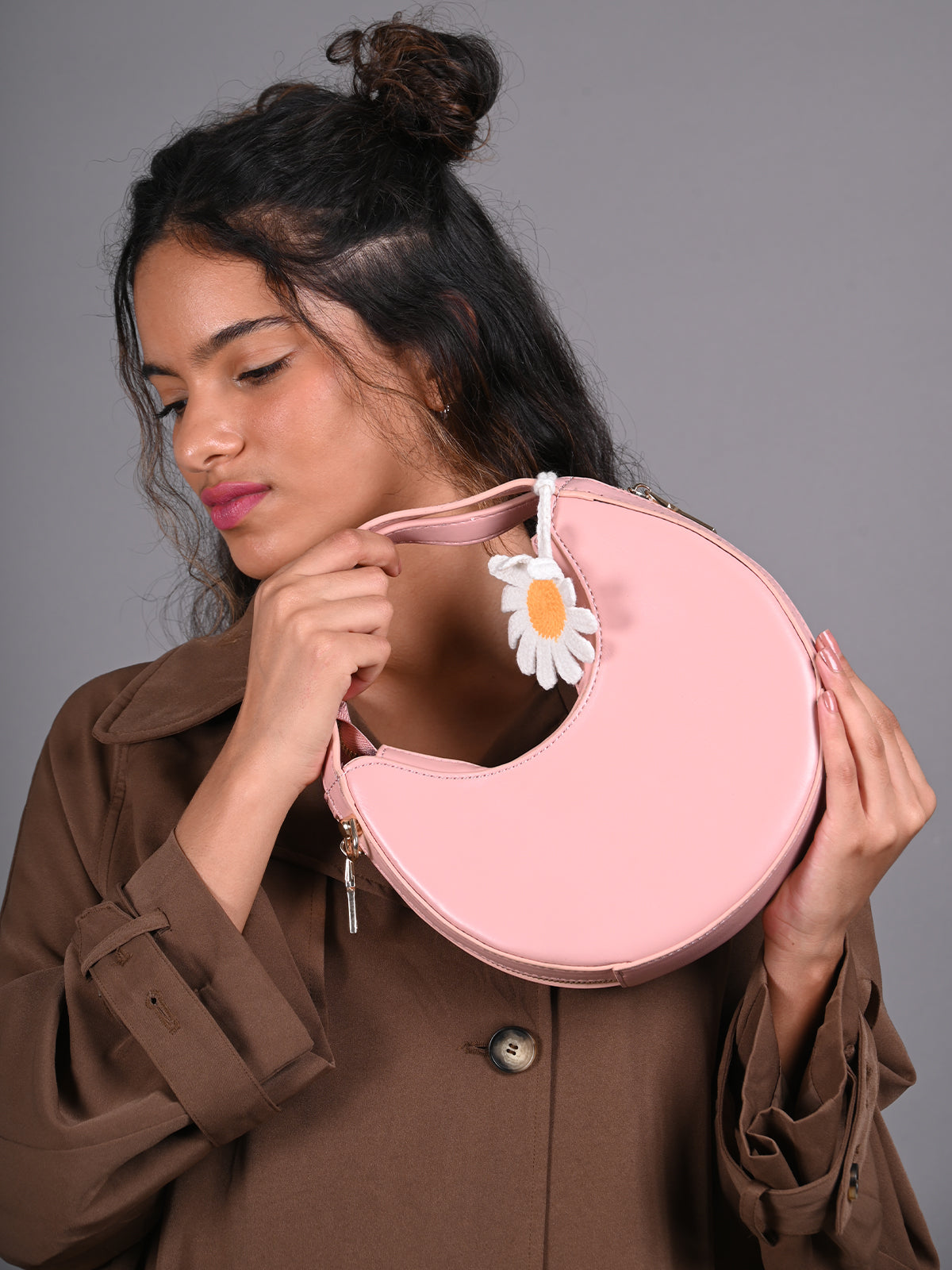 Odette Pink Solid Moon Clutch Bag with a Floral Accent For Women