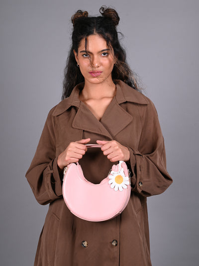 Odette Pink Solid Moon Clutch Bag with a Floral Accent For Women