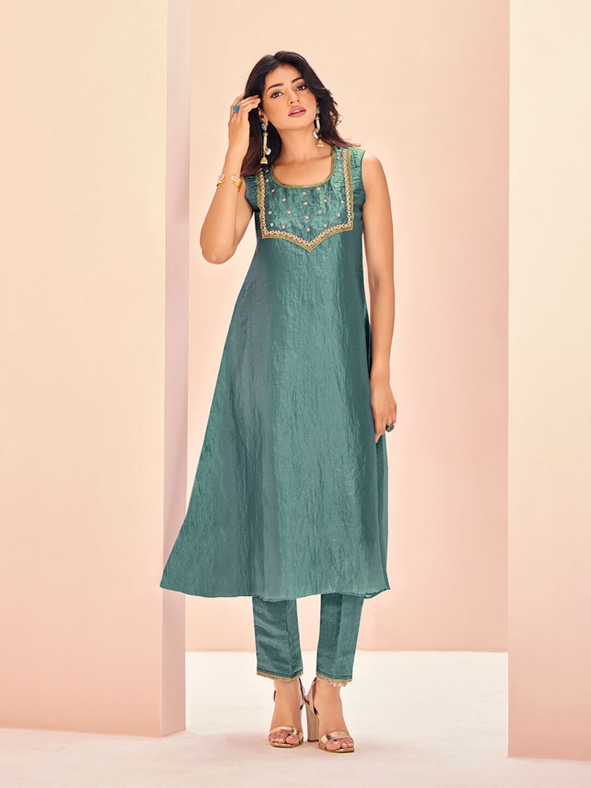 Odette Light Blue Organza Embroidered Stitched Kurta Set For Women