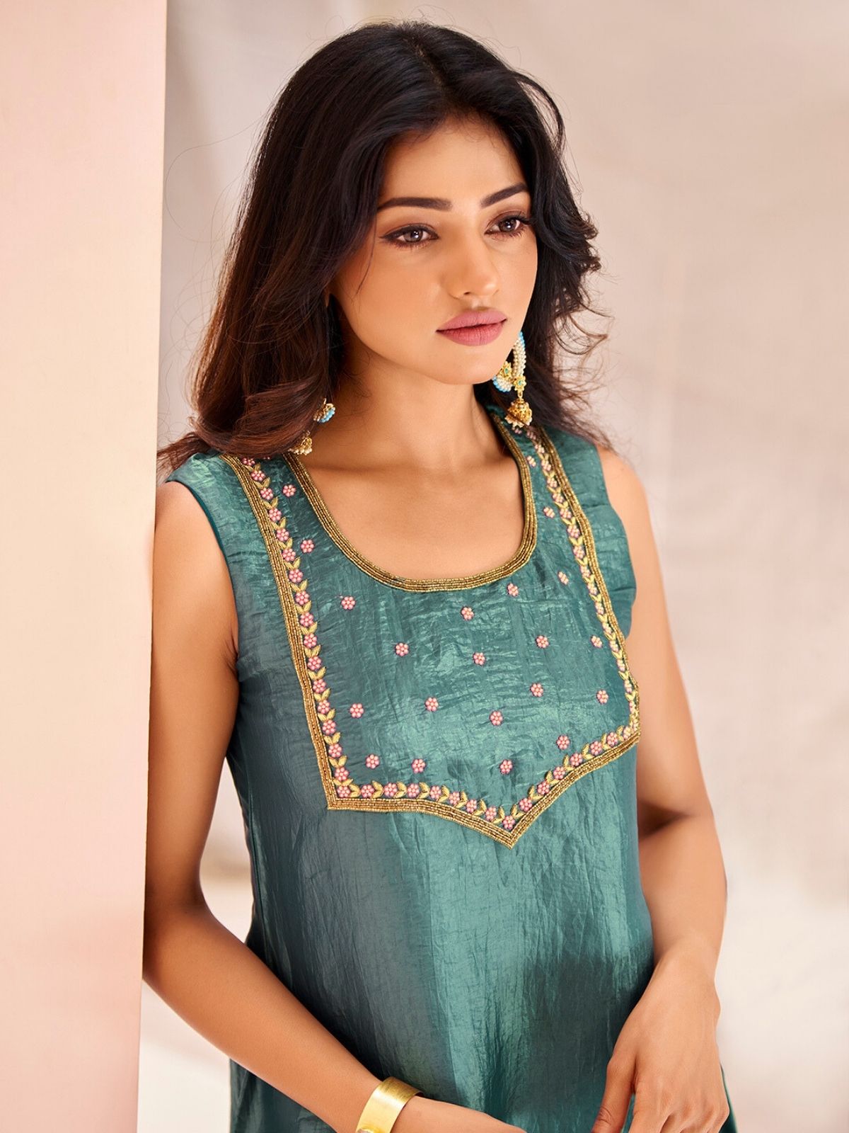 Odette Light Blue Organza Embroidered Stitched Kurta Set For Women