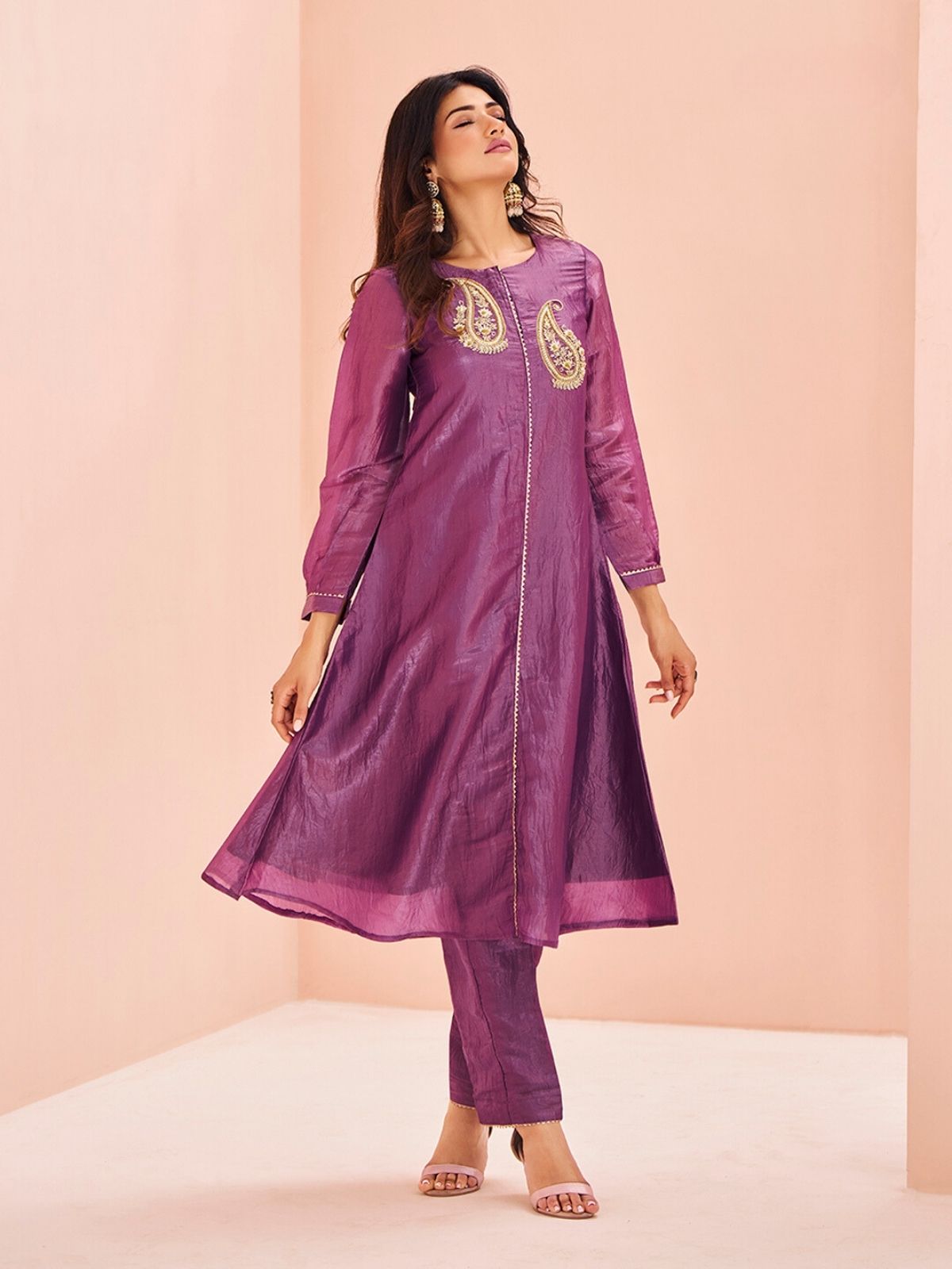 Odette Purple Organza Embroidered Stitched Kurta Set For Women