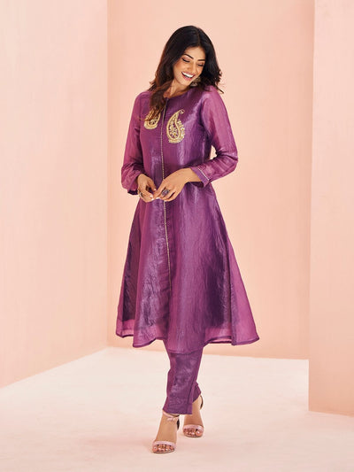 Odette Purple Organza Embroidered Stitched Kurta Set For Women