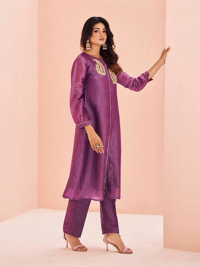 Odette Purple Organza Embroidered Stitched Kurta Set For Women