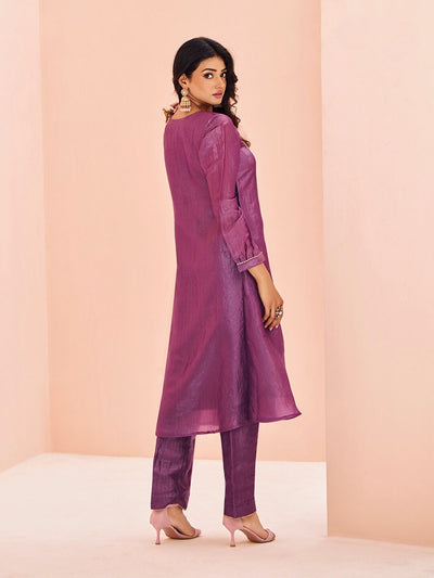 Odette Purple Organza Embroidered Stitched Kurta Set For Women