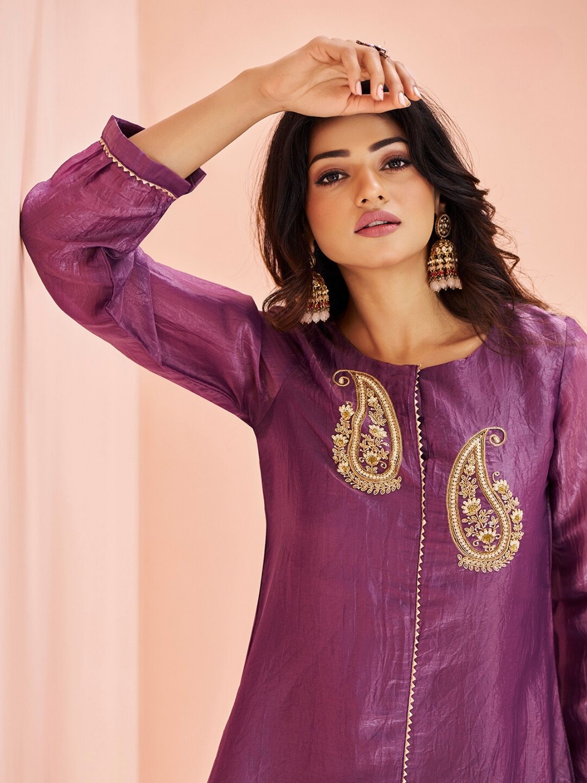 Odette Purple Organza Embroidered Stitched Kurta Set For Women