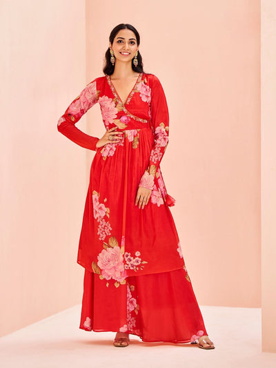 Odette Red Chinon Printed Stitched Kurta Set For Women