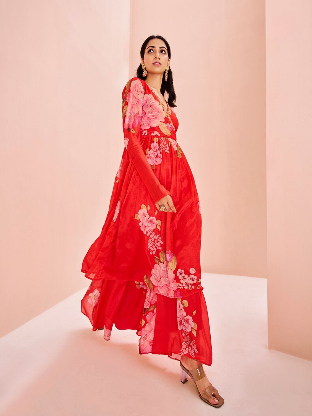 Odette Red Chinon Printed Stitched Kurta Set For Women