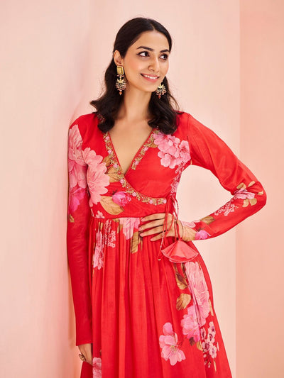 Odette Red Chinon Printed Stitched Kurta Set For Women