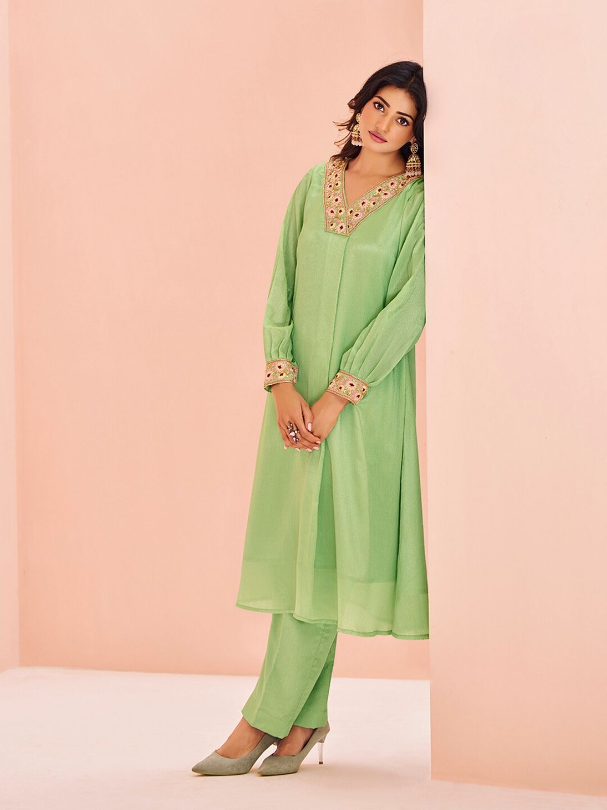 Odette Light Green Chinon Embroidered Stitched Kurta Set For Women