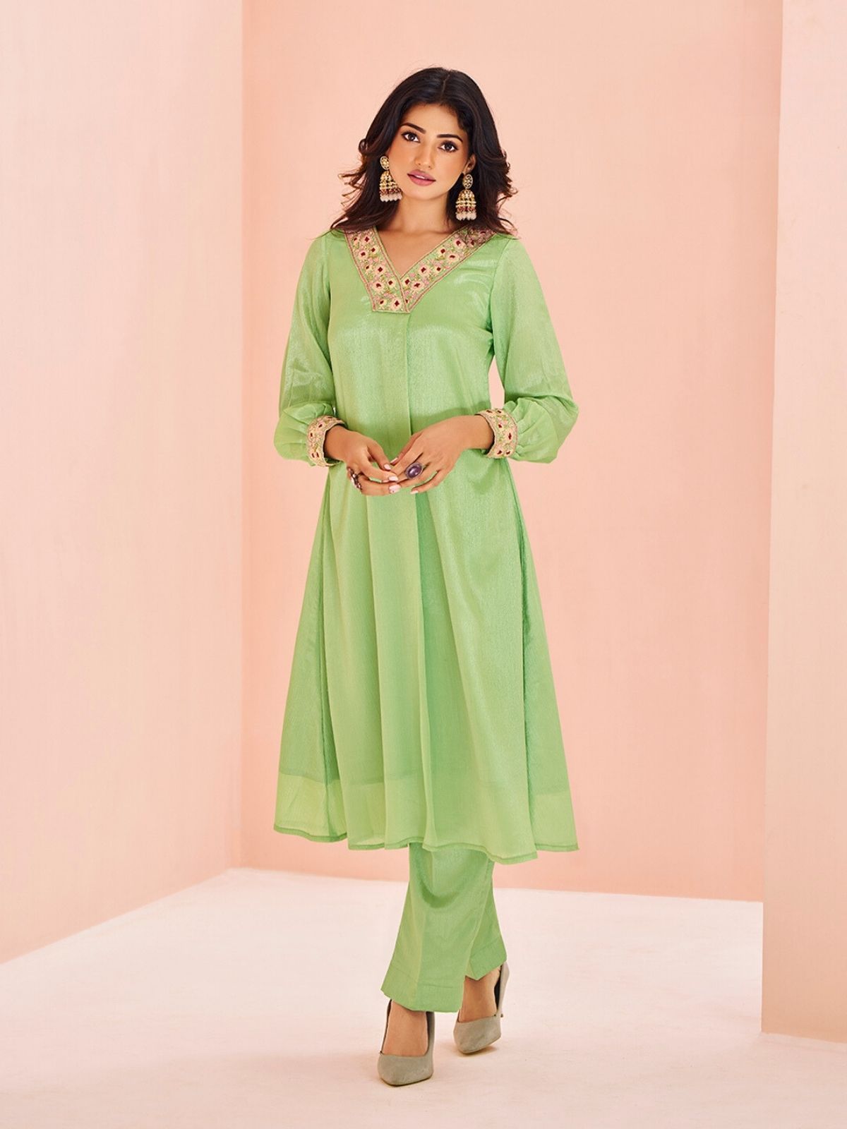 Odette Light Green Chinon Embroidered Stitched Kurta Set For Women