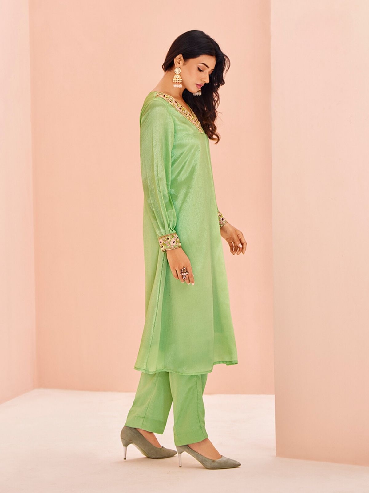 Odette Light Green Chinon Embroidered Stitched Kurta Set For Women