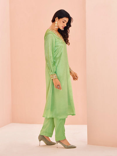 Odette Light Green Chinon Embroidered Stitched Kurta Set For Women