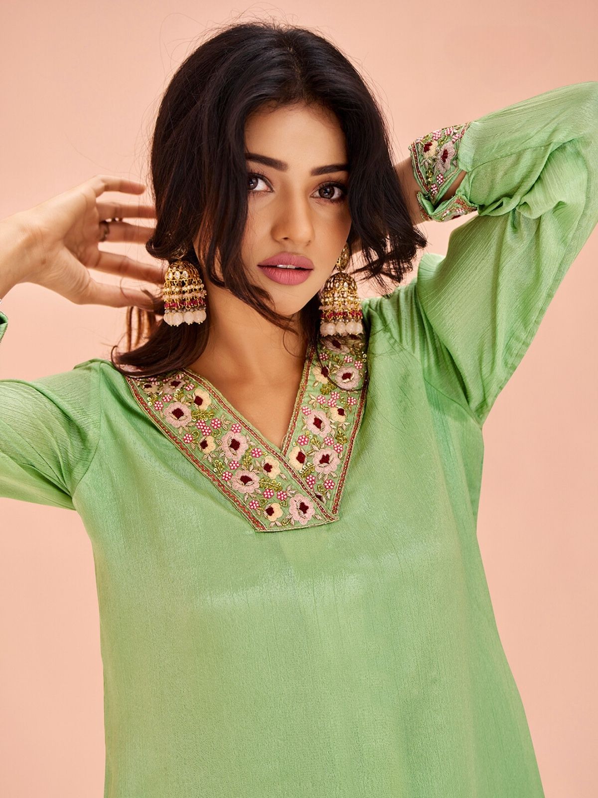 Odette Light Green Chinon Embroidered Stitched Kurta Set For Women