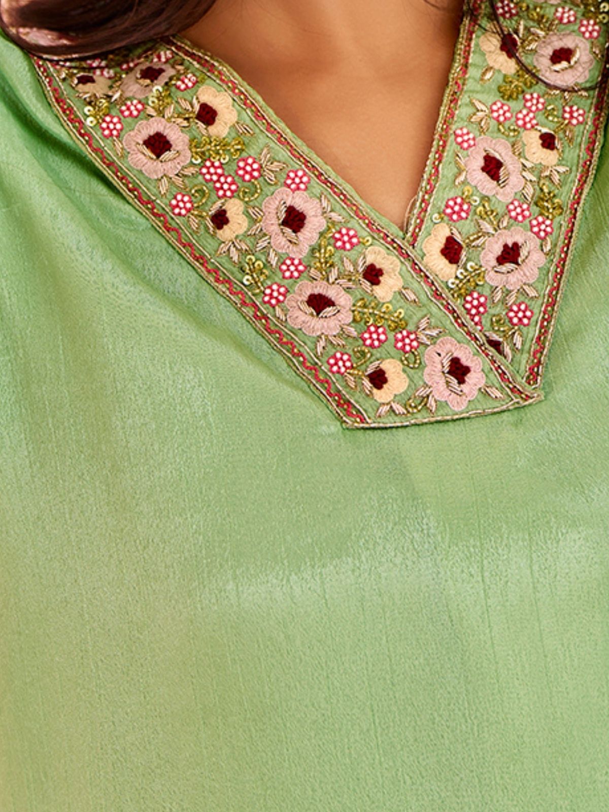 Odette Light Green Chinon Embroidered Stitched Kurta Set For Women