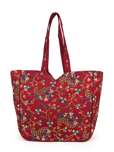 Odette Maroon Thread Embroidered Ethnic Tote Bag for Women