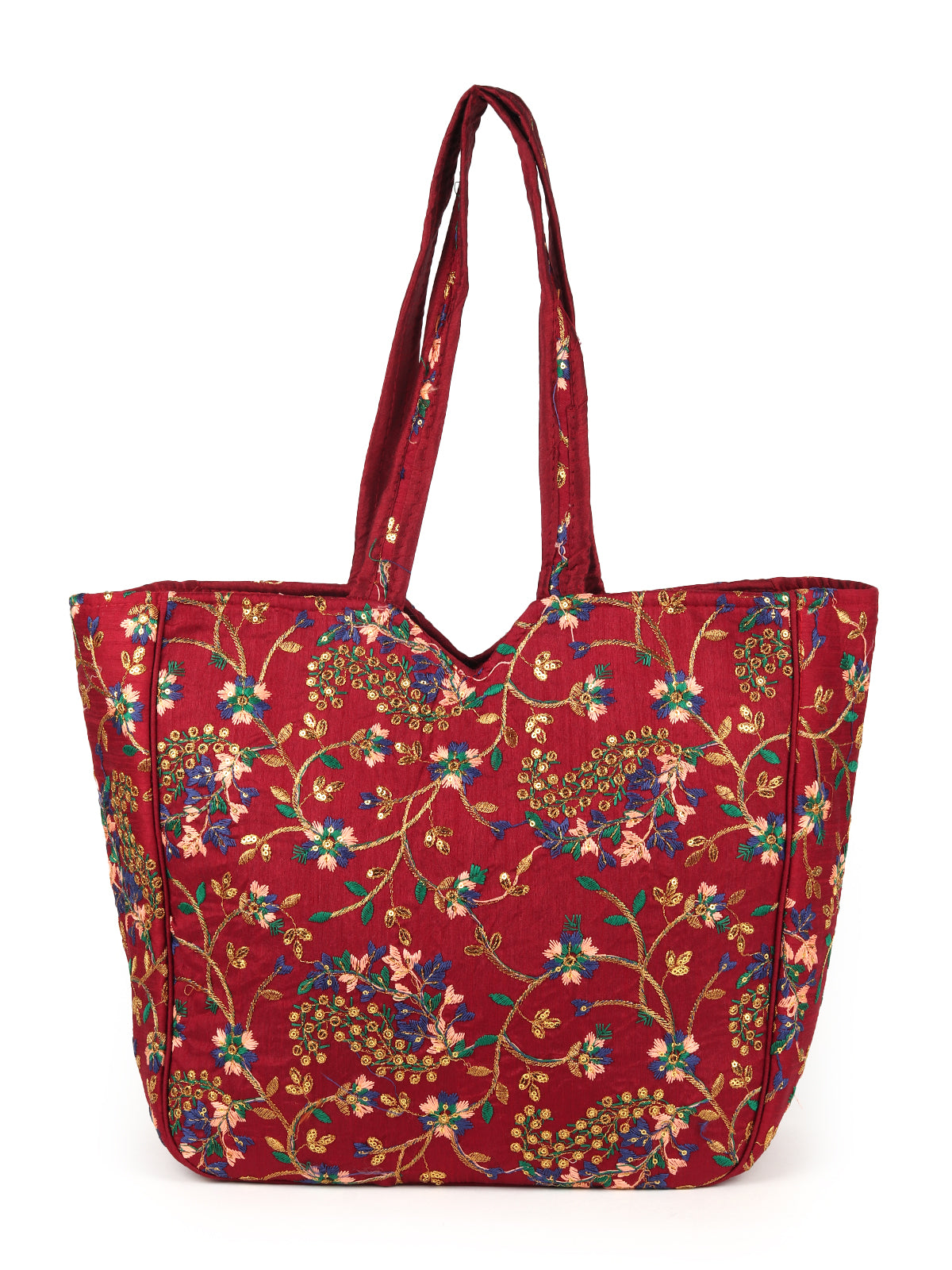 Odette Maroon Thread Embroidered Ethnic Tote Bag for Women