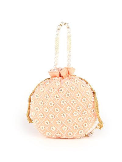 Odette Peach Pearl Embroidered Potli Bag for Women