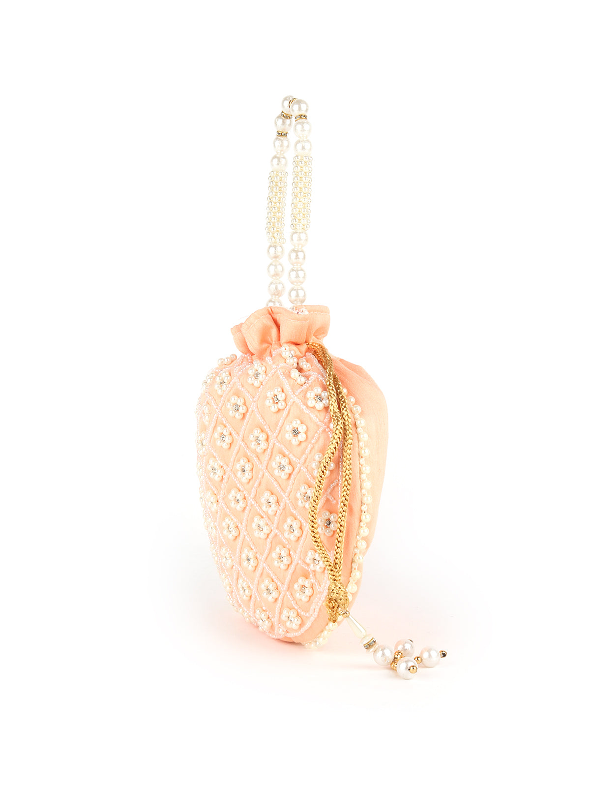Odette Peach Pearl Embroidered Potli Bag for Women