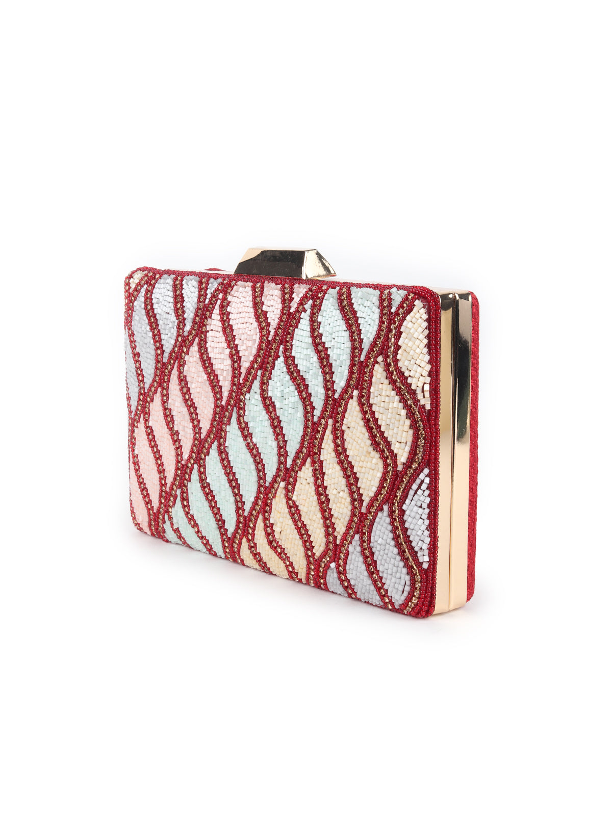 Odette Maroon and Multicolor Beads Embroidered Clutch for Women
