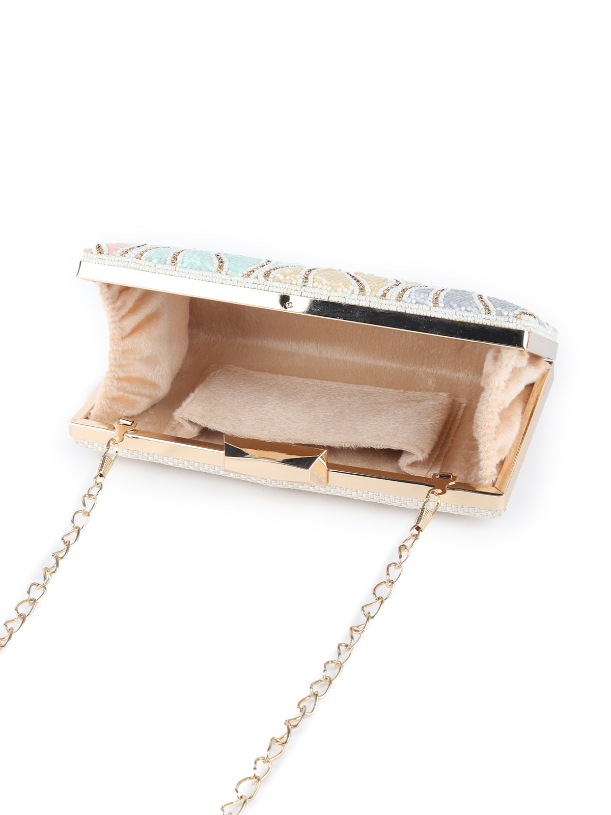 Odette Beige and Multicolor Beads Embroidered Clutch for Women