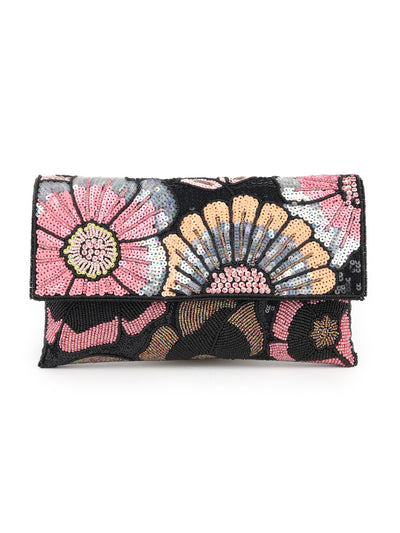 Odette Multicolor Floral Beads and Sequins Embroidered Clutch for Women