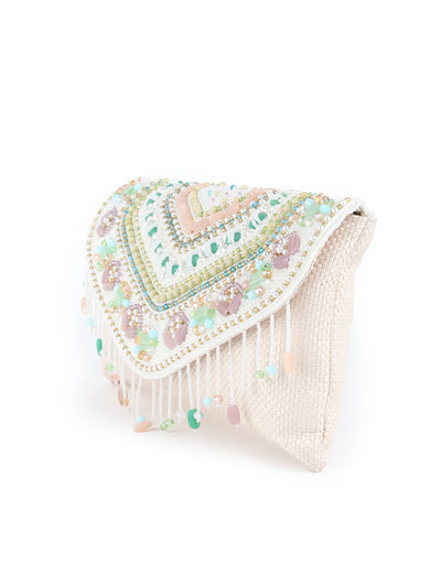 Odette Off White and Multicolor Beads Embroidered Clutch for Women