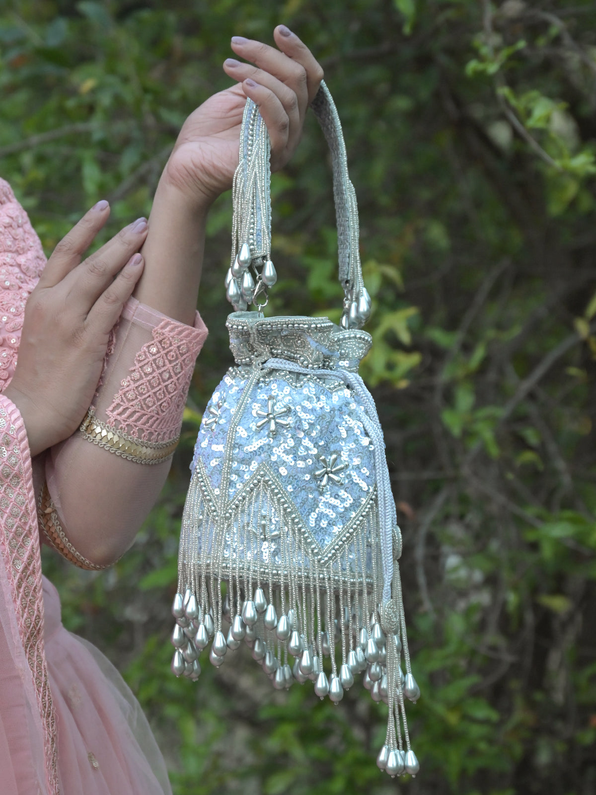 Odette Silver Beads and Sequins Embroidered Potli Bag for Women