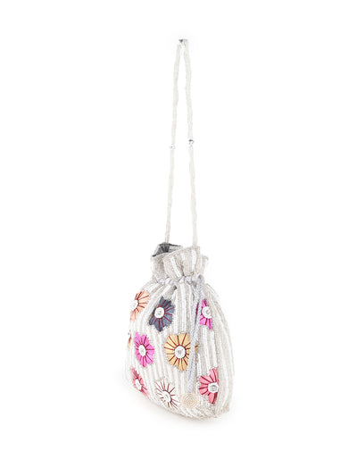 Odette White Beads and Multicolor Floral Embroidered Potli for Women