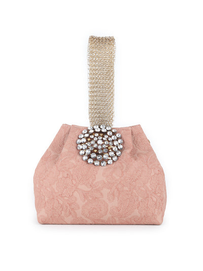 Odette Peach Faux Stone Embellished and Textured Batua for Women