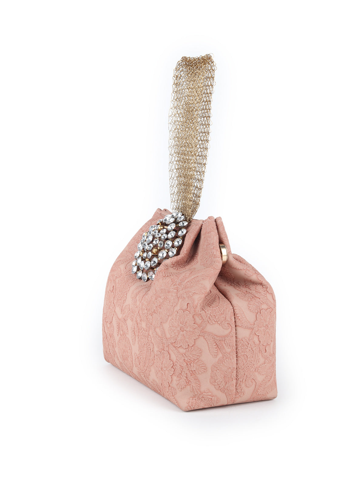 Odette Peach Faux Stone Embellished and Textured Batua for Women
