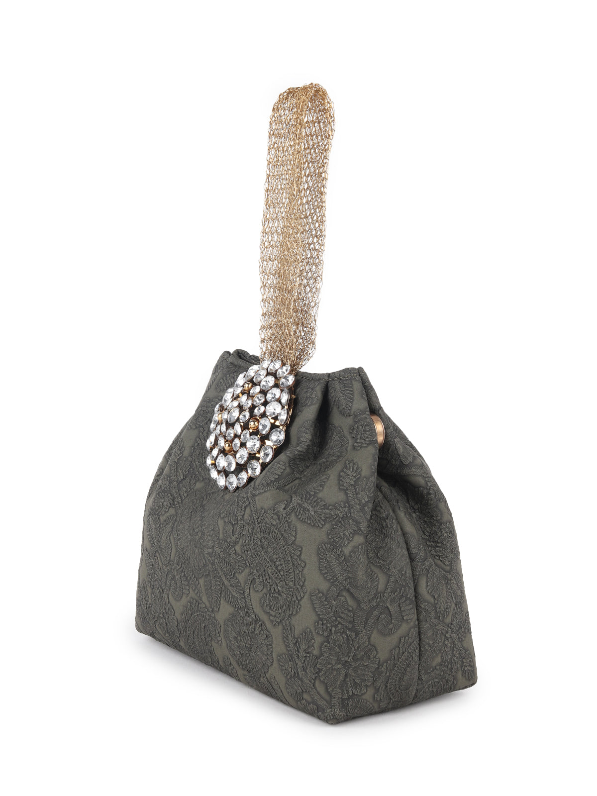 Odette Dark Olive Green Faux Stone Embellished and Textured Batua for Women
